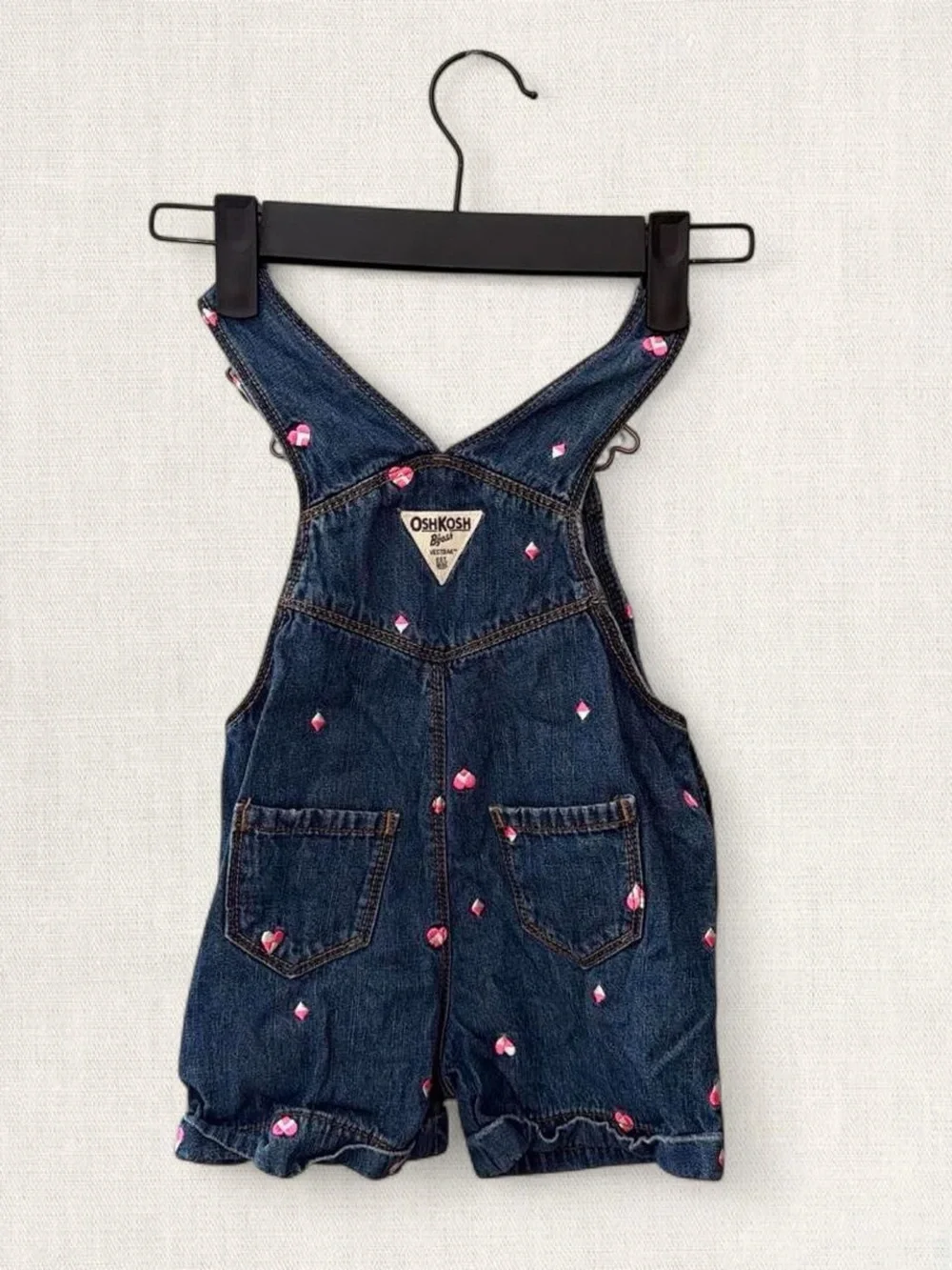 OshKosh B'gosh Dark Blue Denim with Pink Heart Embroidery Overalls